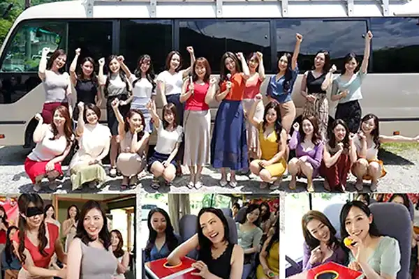 美人妻たちと酒池肉林の温泉ツアー！バスの中で淫らなバキュームフェラ