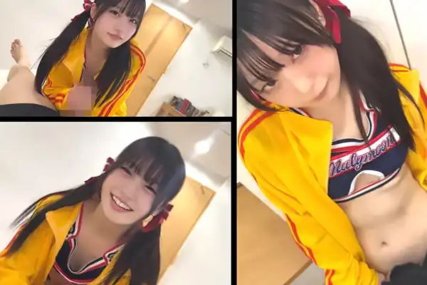 部活終わりでムレムレのツインテ美少女。シャワーを浴びずにチアユニのまま手コキご奉仕する
